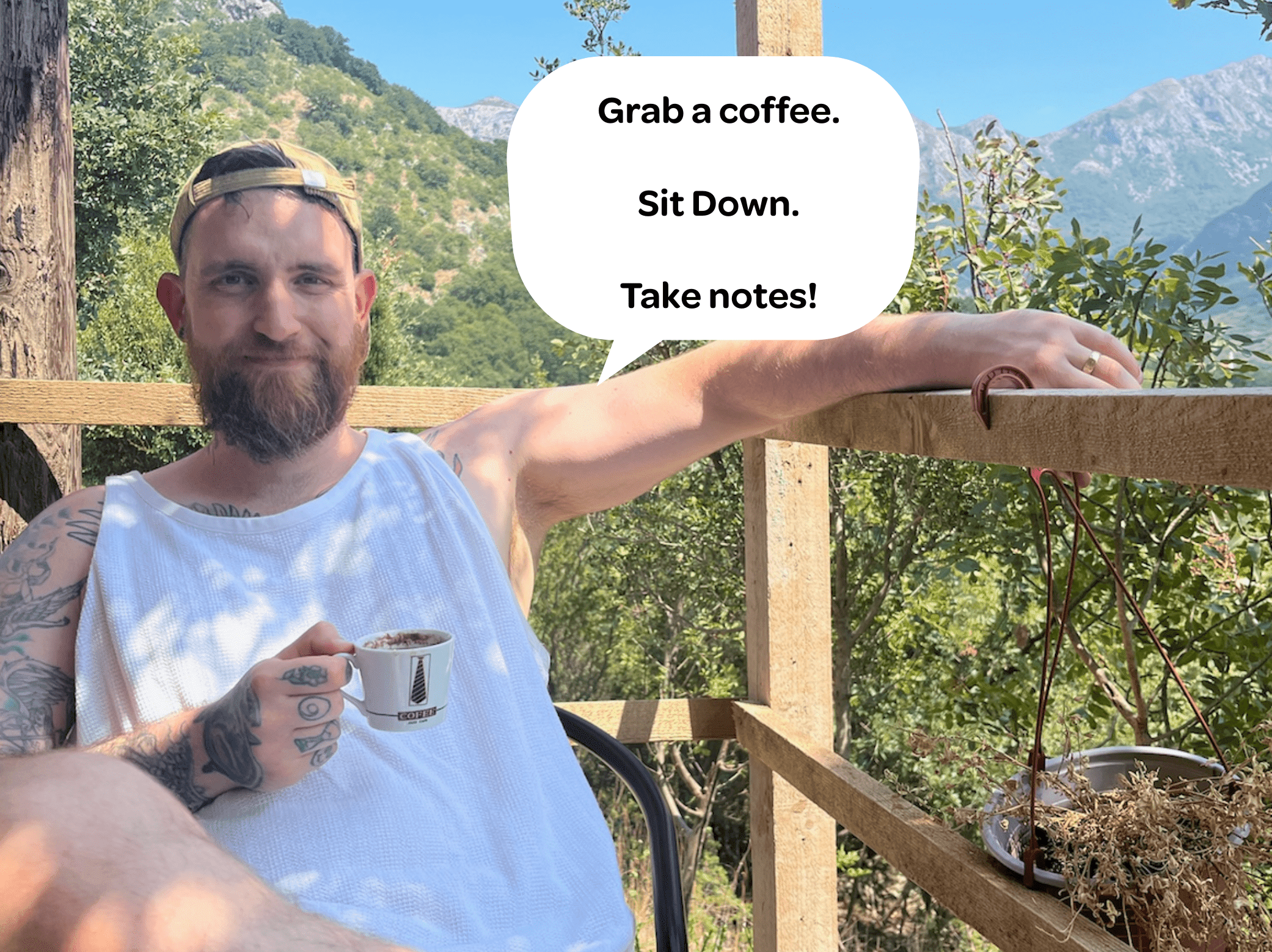 Dad sitting outdoors with coffee, smiling at camera during a casual budget planning moment