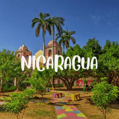 Bright central park and colonial church in Nicaragua — a relaxed stop for family travel itineraries