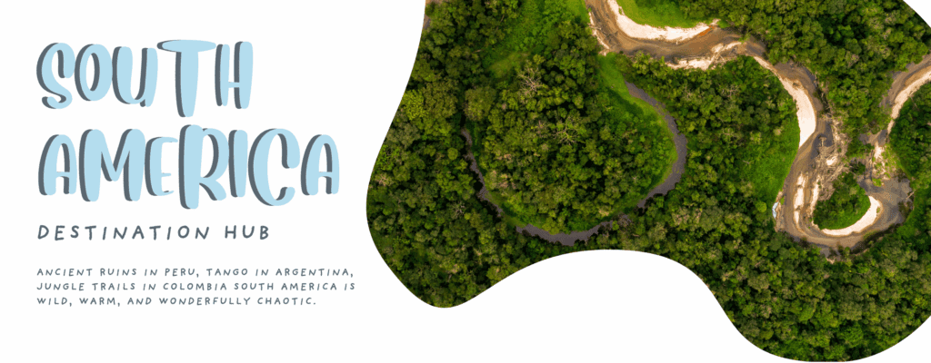 Aerial view of winding jungle river in the Amazon — South America family travel hub header