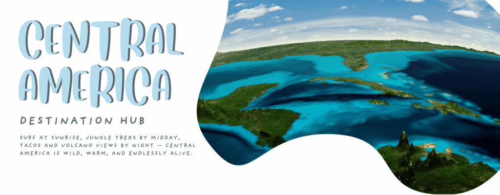 Map-style satellite view of Central America and the Caribbean — intro image for family travel planning