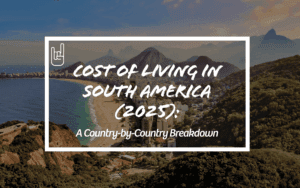 Beach and skyline in Rio de Janeiro with overlay text — cost of living in South America (2025) by country