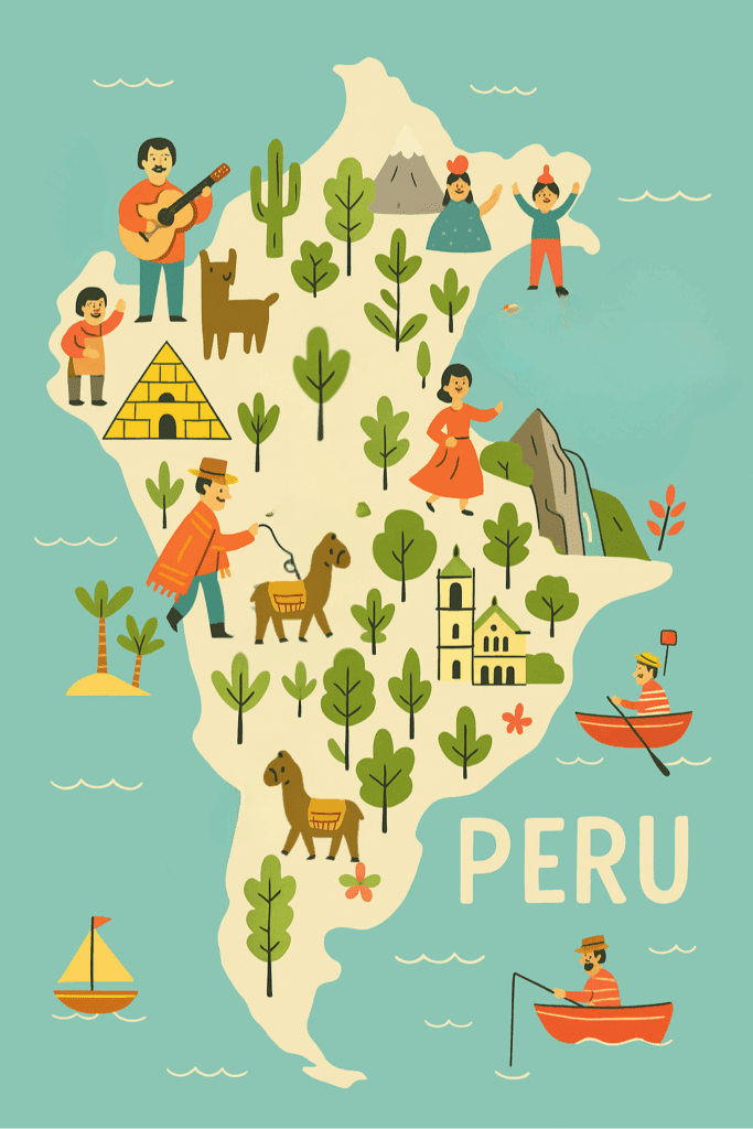 A playful illustrated map of Peru featuring icons like Machu Picchu, alpacas, rainforest trees, traditional dancers, and boats, surrounded by water. Designed in a whimsical, colorful style for family travel inspiration.
