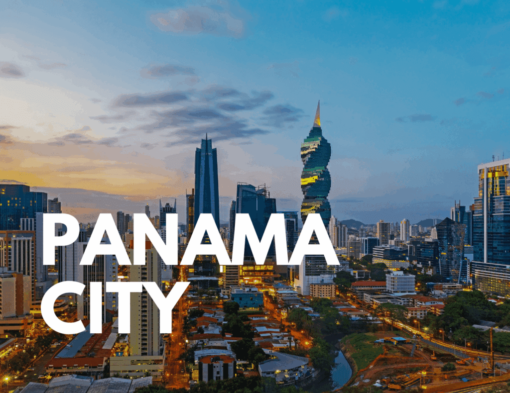 Skyline of Panama City at sunset, showing modern skyscrapers and city life — representing urban cost of living in Panama.