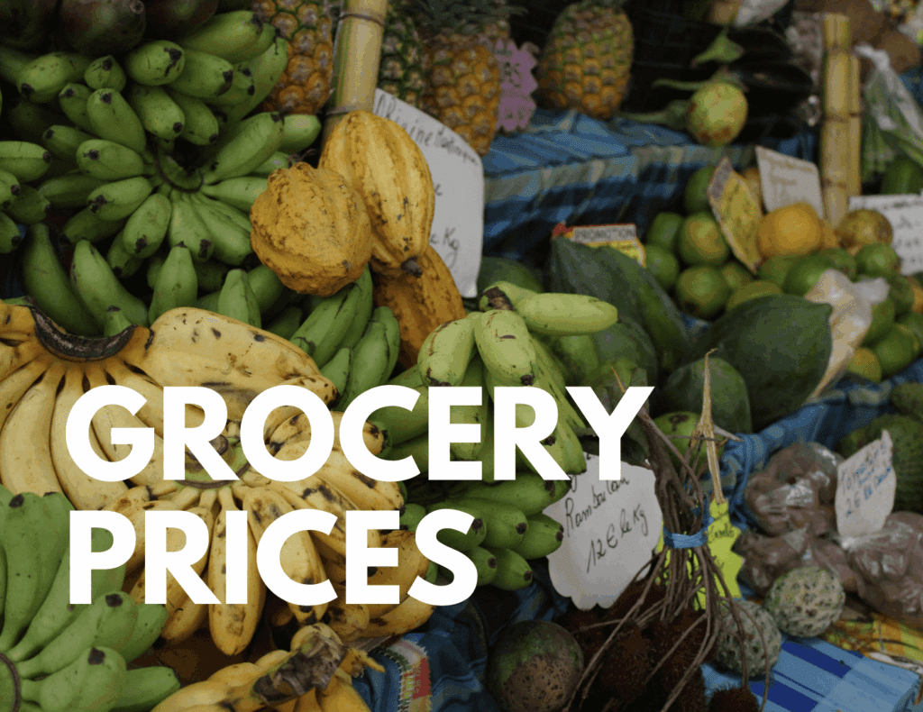 Local produce market in Panama with bananas, tropical fruits, and handwritten price tags — representing typical grocery costs.