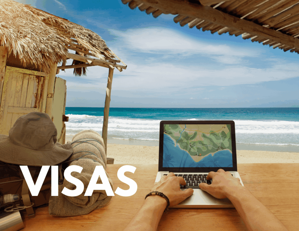 Laptop with travel map on Nicaraguan beach representing visa planning