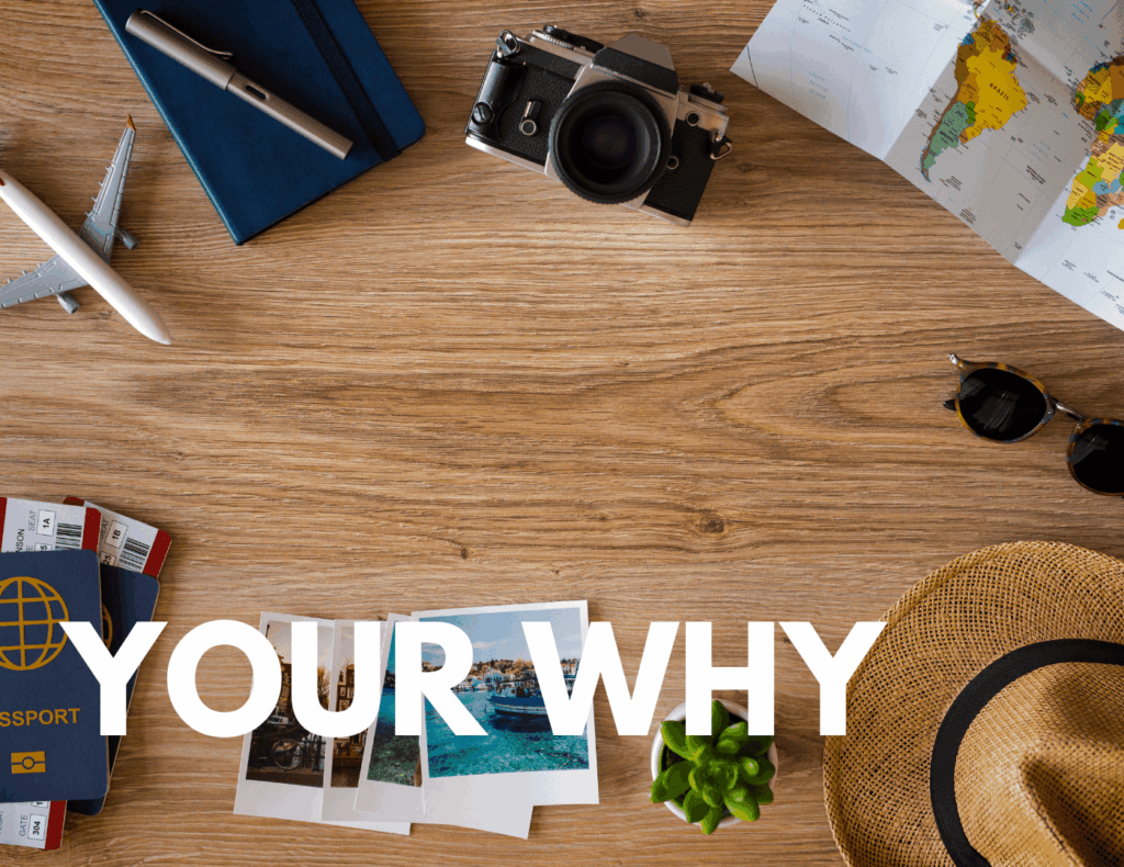Flat lay of travel planning tools including passport, notebook, and map — represents defining your why for long-term family travel.