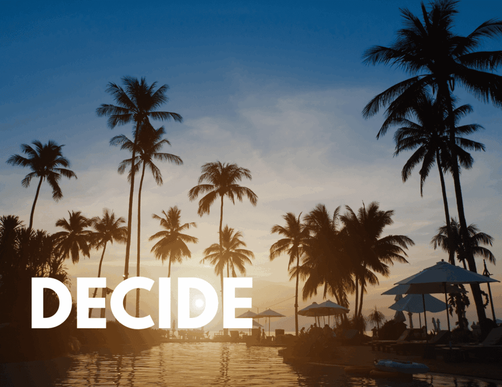 Palm tree sunset with poolside silhouettes — symbolizing the decision to commit to a year of family travel.