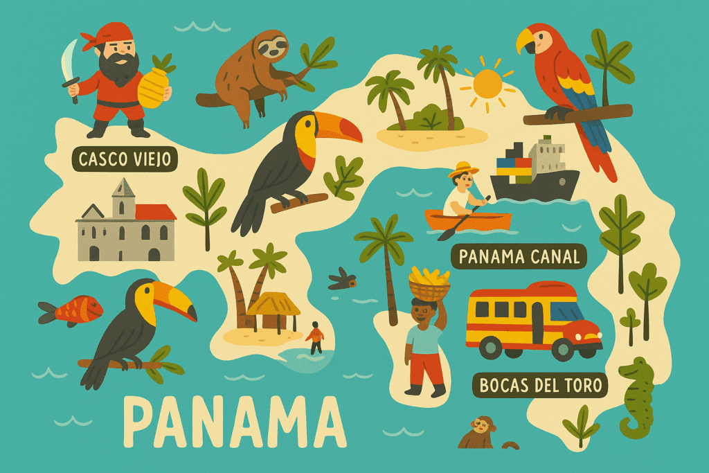 Illustrated family travel map of Panama with icons for Bocas del Toro, Casco Viejo, and the Panama Canal, alongside a colorful bar chart showing average monthly temperatures in Panama and a weather summary for planning tropical travel.