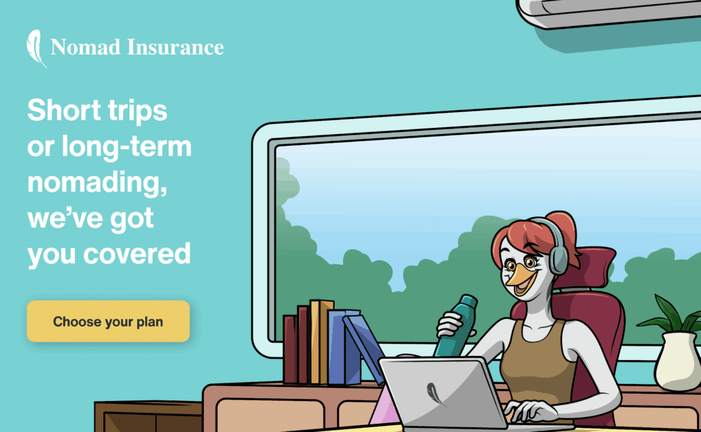 Illustration of a digital nomad working remotely with headphones on, promoting flexible travel insurance for short or long-term stays.