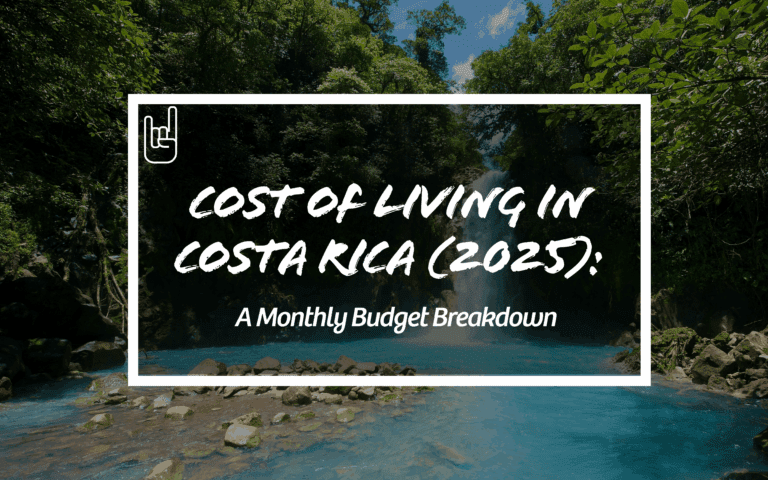 Header image for Costa Rica cost of living article, showing a lush jungle waterfall and bold text reading 'Cost of Living in Costa Rica (2025): A Monthly Budget Breakdown
