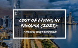 Skyline of Panama City at dusk with glowing city lights — overlay text reads “Cost of Living in Panama (2025): A Monthly Budget Breakdown.”