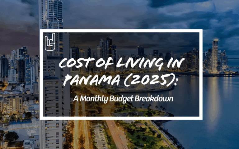 Skyline of Panama City at dusk with glowing city lights — overlay text reads “Cost of Living in Panama (2025): A Monthly Budget Breakdown.”