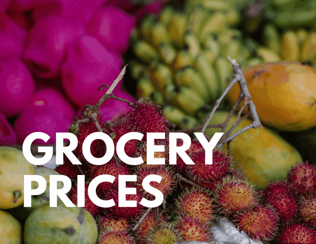 "Colorful tropical fruits at a Costa Rican market with bold grocery prices text overlay, used in cost of living article