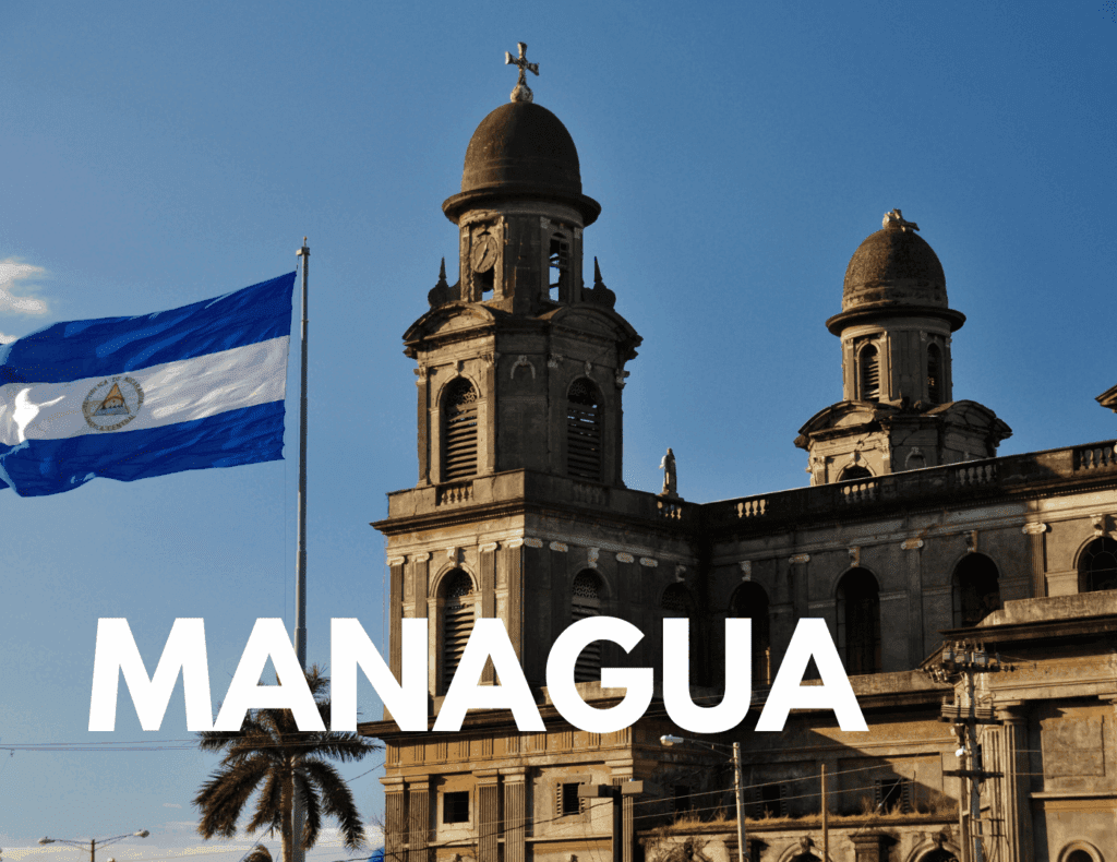 Historic cathedral and Nicaraguan flag in Managua