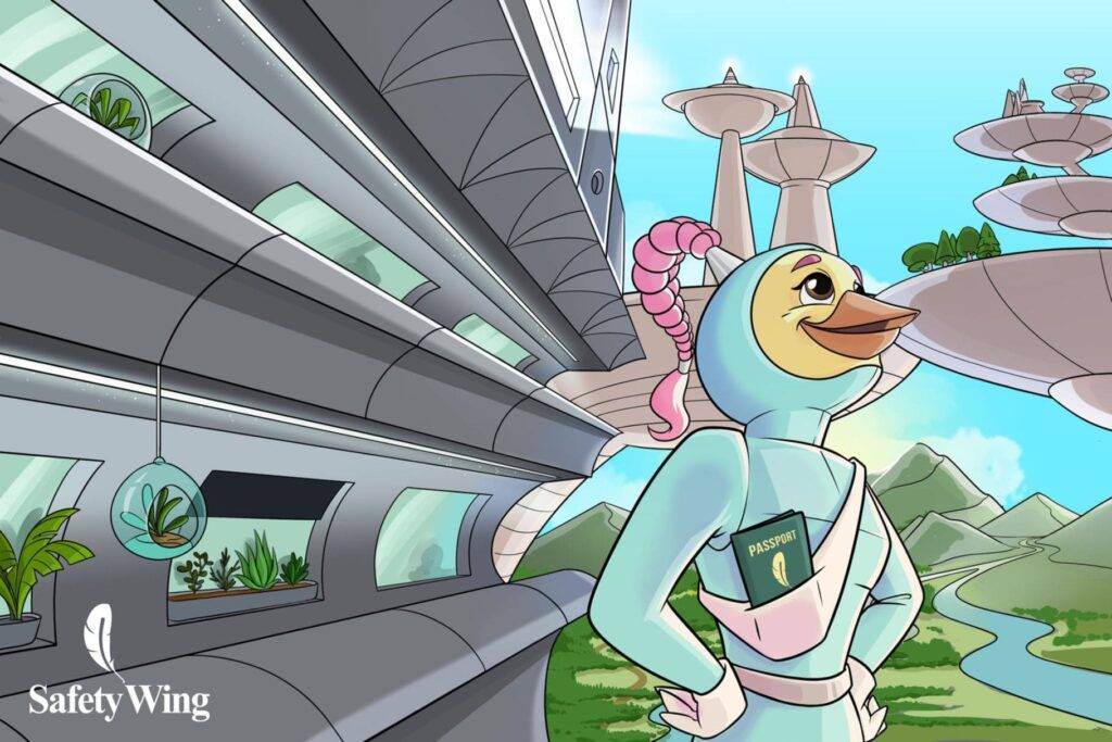 Cartoon-style SafetyWing bird character with passport, symbolizing global travel insurance for digital nomads and long-term travelers.