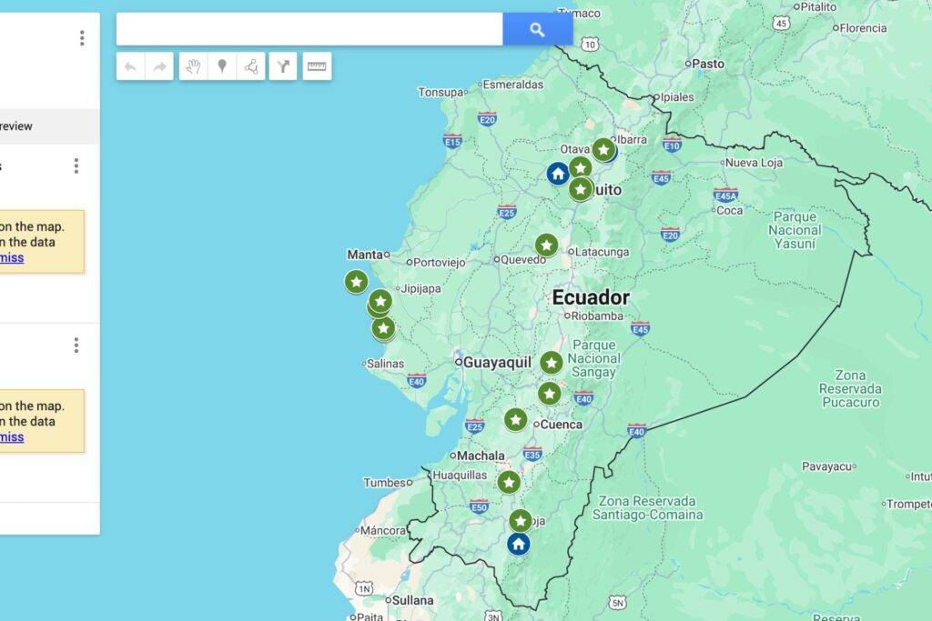 Custom Google Map of Ecuador with pinned locations for family-friendly destinations, national parks, and long-stay options.