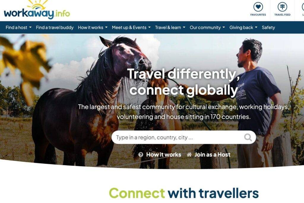Workaway platform homepage highlighting cultural exchange, volunteering, and work-for-accommodation travel in 170+ countries.