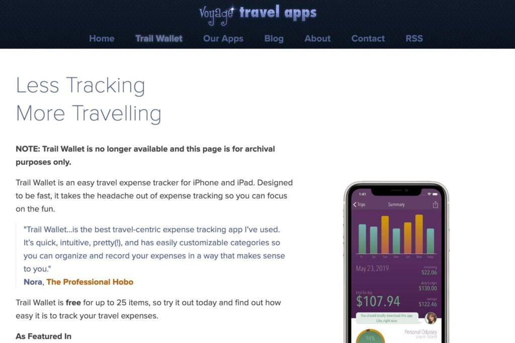 Archived Trail Wallet app page showcasing a discontinued travel expense tracker designed for long-term travelers and digital nomads.
