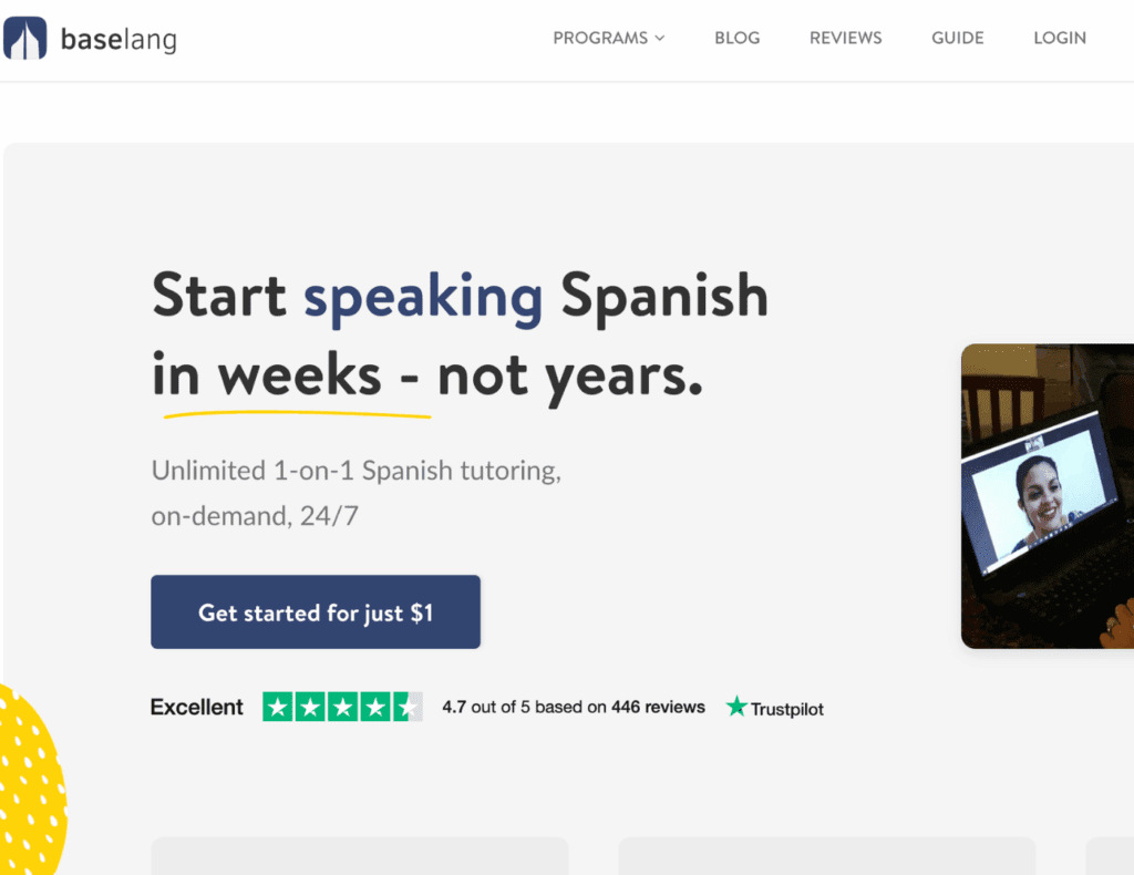 Baselang homepage highlighting unlimited Spanish tutoring for $1 with 4.7 Trustpilot rating.