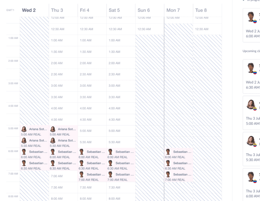Screenshot showing Baselang class bookings with early morning 5–7AM Real World lessons and Sebastian as the teacher.