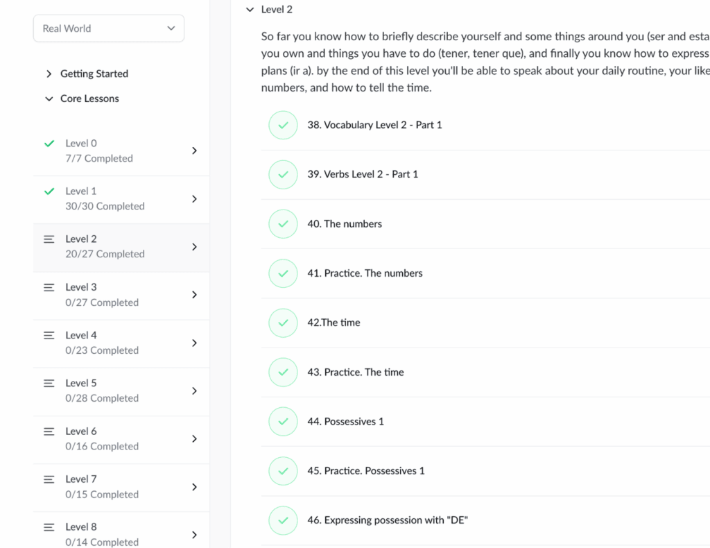 Progress through Baselang's Real World curriculum showing completed vocabulary and grammar lessons in Level 2.