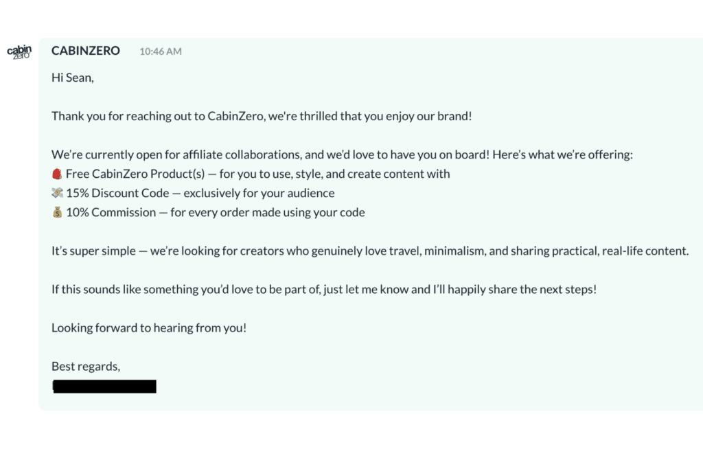 Example of a brand collaboration email or pitch with CabinZero for a travel blog partnership