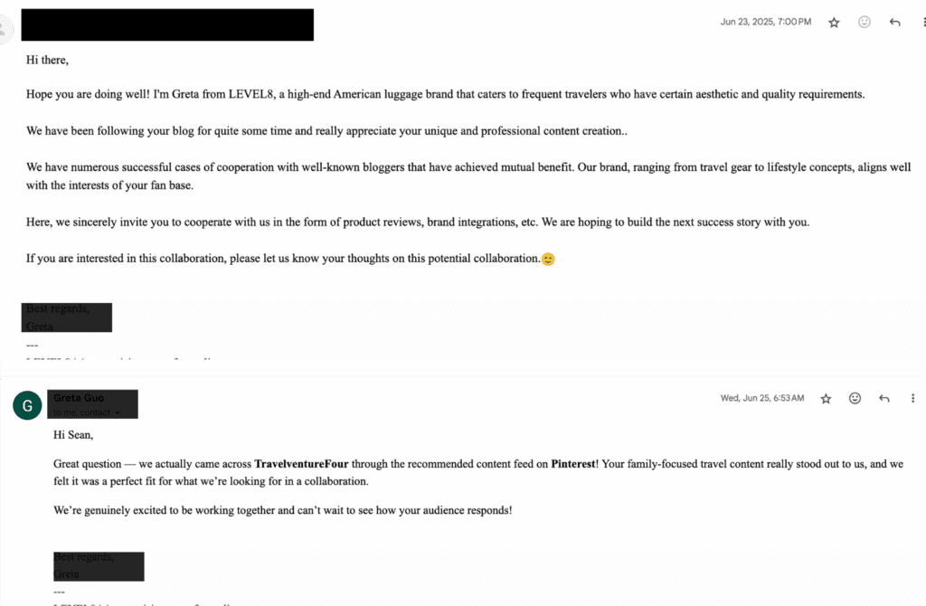 Example of a real travel blog brand pitch email from a luggage company, used for partnership case study
