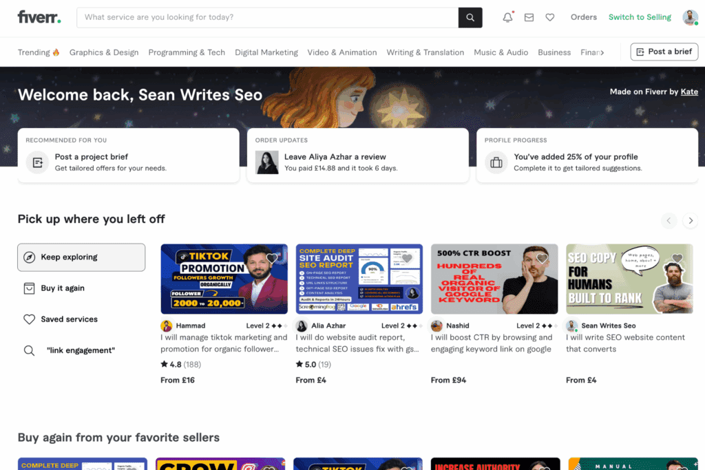Screenshot of a Fiverr dashboard showing SEO services, content writing gigs, and freelance digital marketing tools for remote work and online businesses.