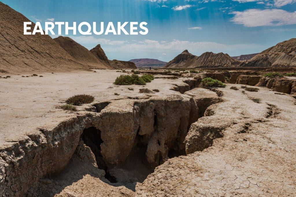 Cracked ground showing earthquake hazards; family safety tips for South & Central America.