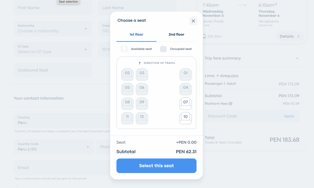 Seat plan for night buses in south america