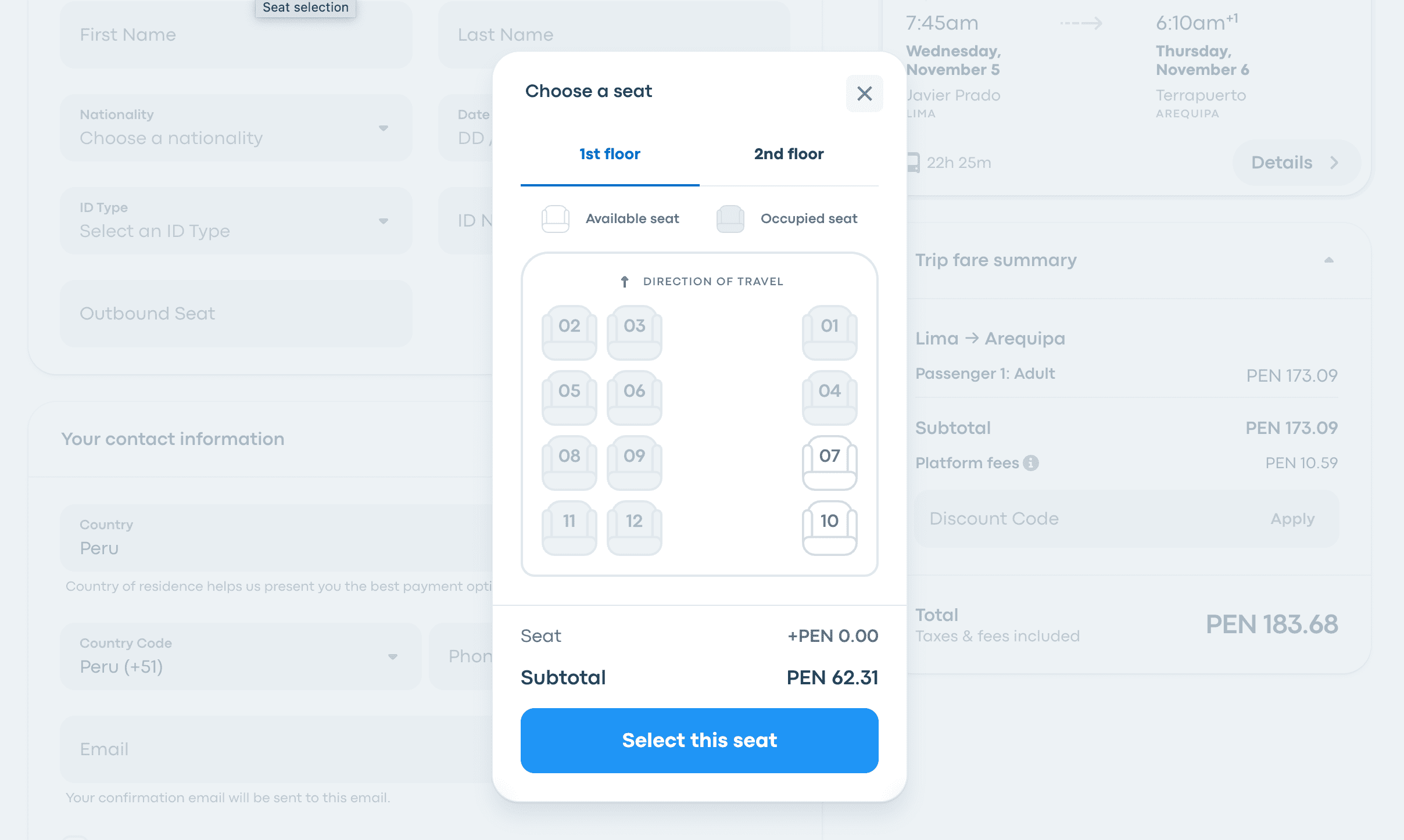 Seat plan for night buses in south america